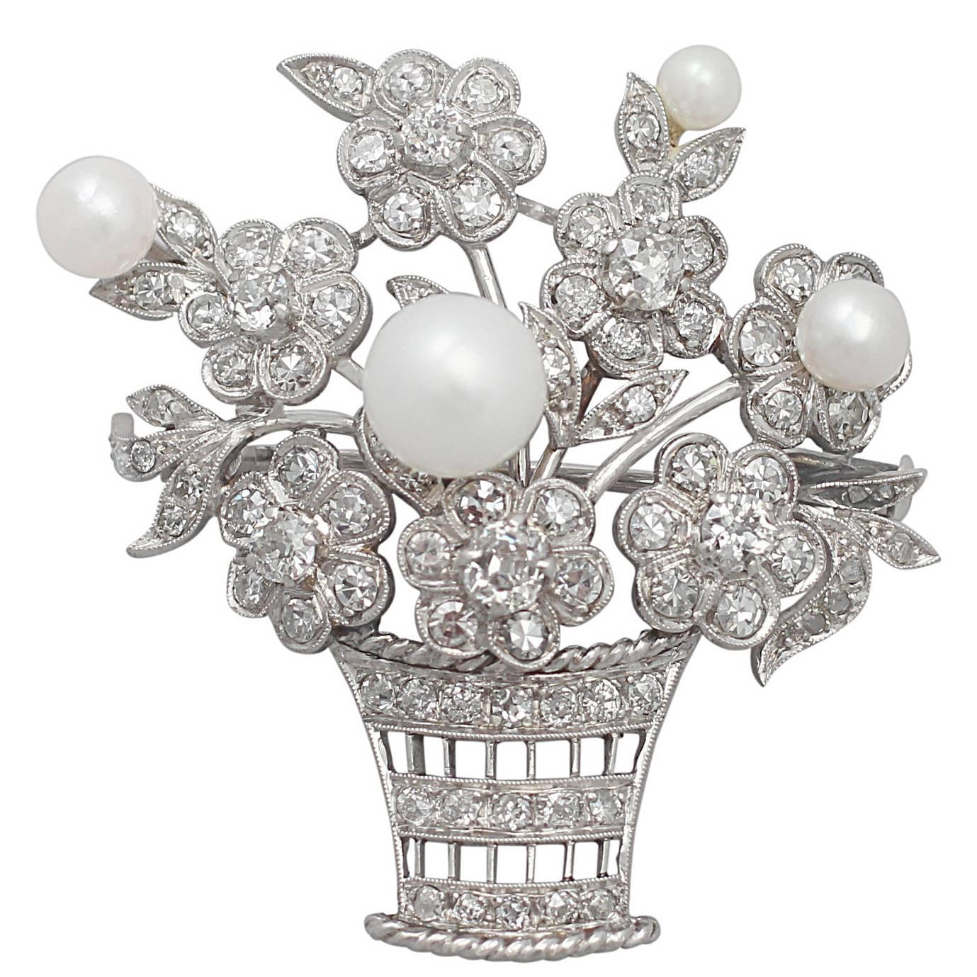 2.81Ct Diamond and Pearl, 14k White Gold Brooch - Antique Circa 1900