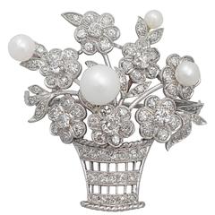 2.81Ct Diamond and Pearl, 14k White Gold Brooch - Antique Circa 1900 6