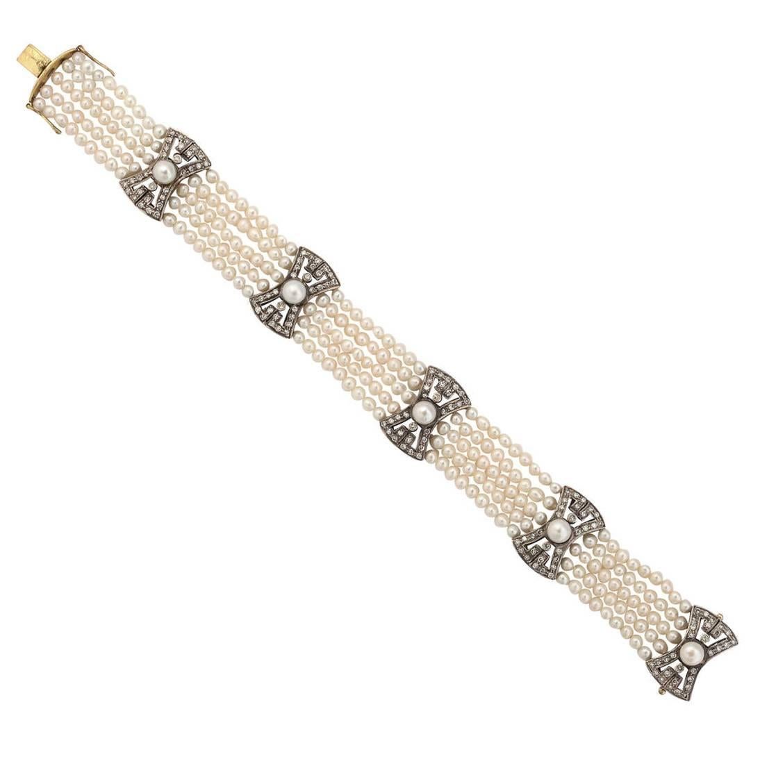 Five Strand Pearl Diamond 18k Gold Bracelet, 20th century For Sale