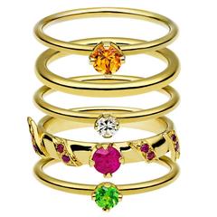 Ana De Costa Yellow Gold Round Ruby Tsavorite Garnet Diamond Stacking Rings