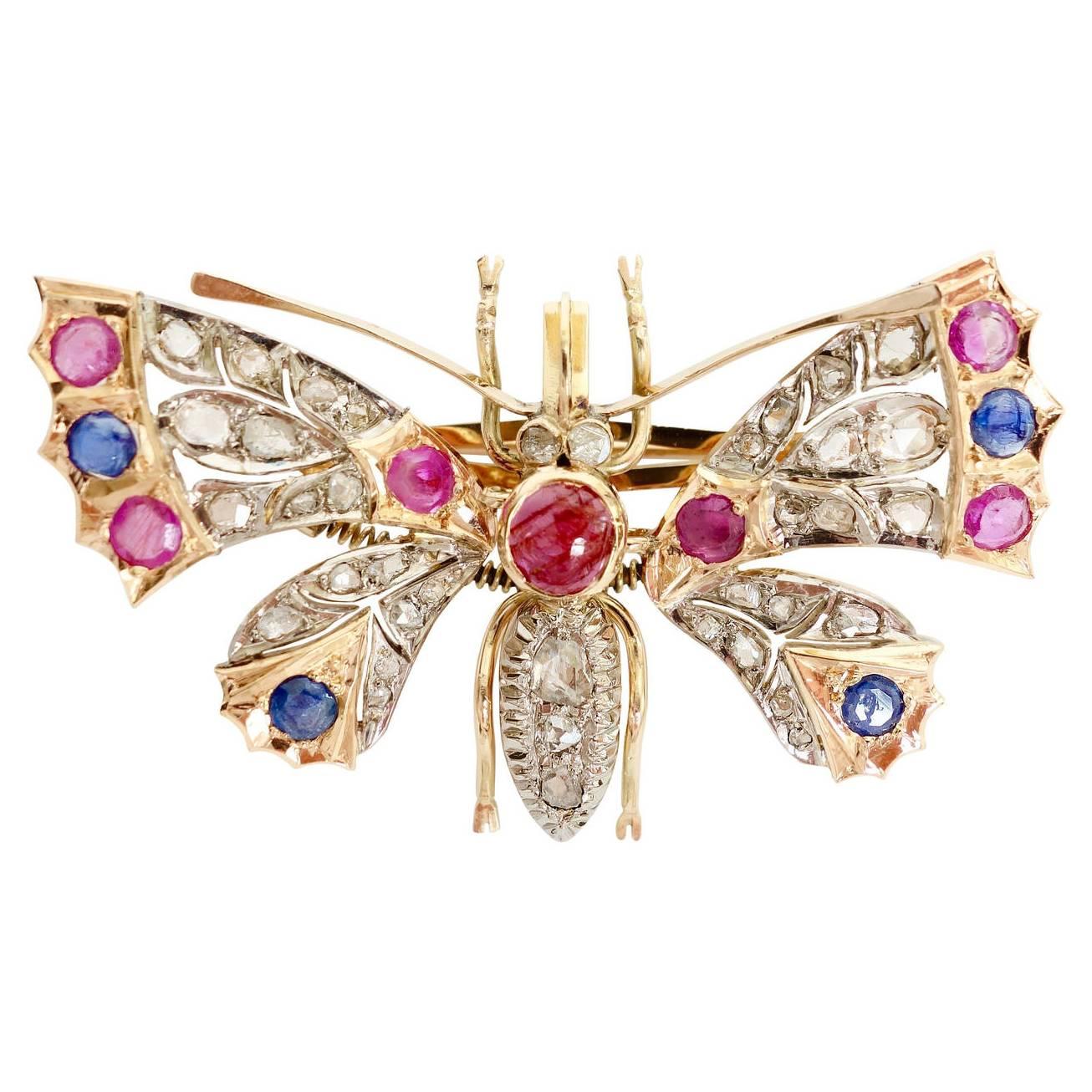 Edwardian Sapphire and Diamond Gold Butterfly with Articulated Wings Brooch