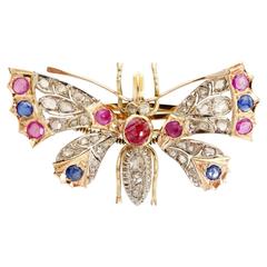 Edwardian Sapphire and Diamond Gold Butterfly with Articulated Wings Brooch 10