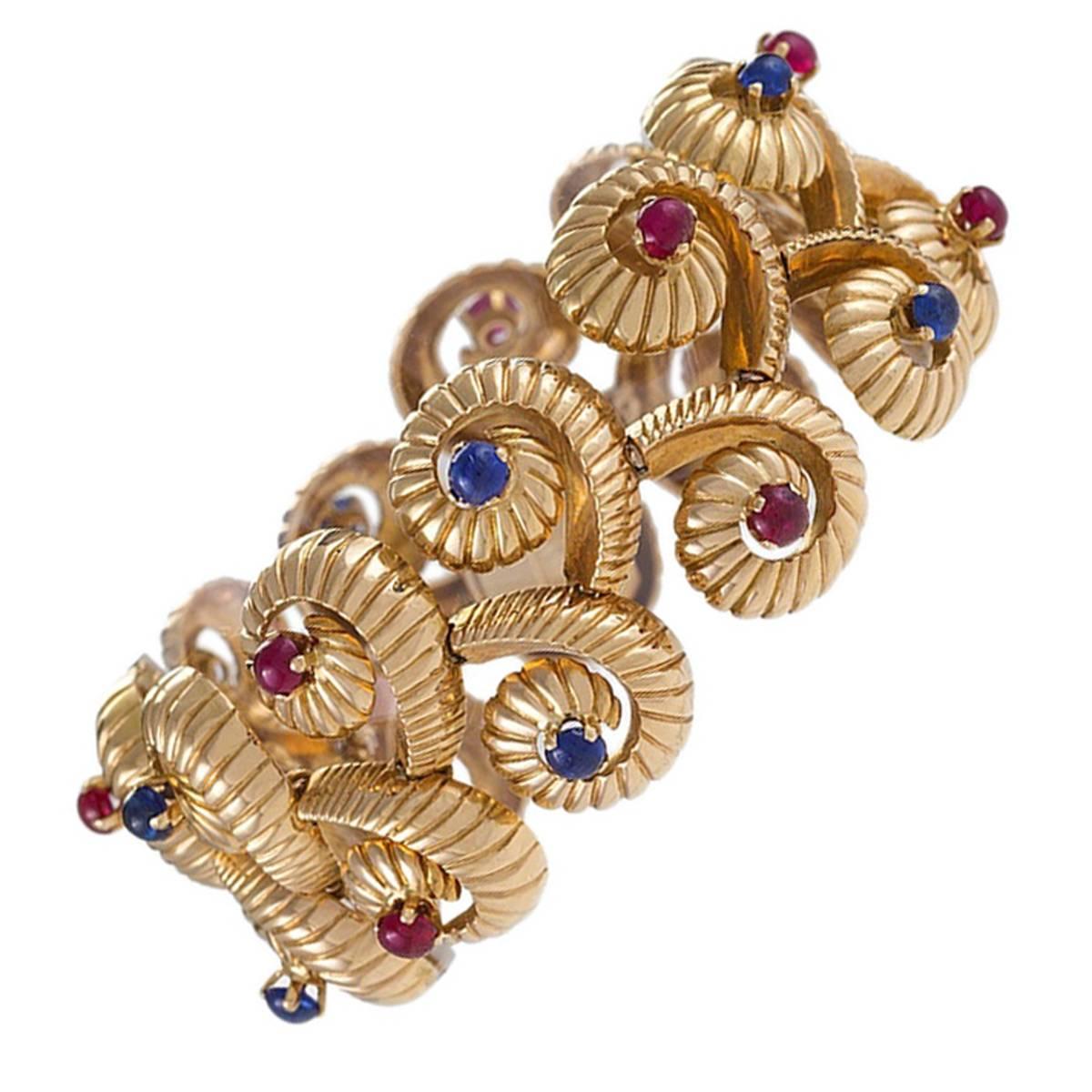 French 1950's Ruby Sapphire Gold Bracelet