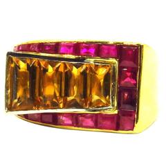 1940s Retro Citrine Ruby Gold Stylized Buckle Motif Ring