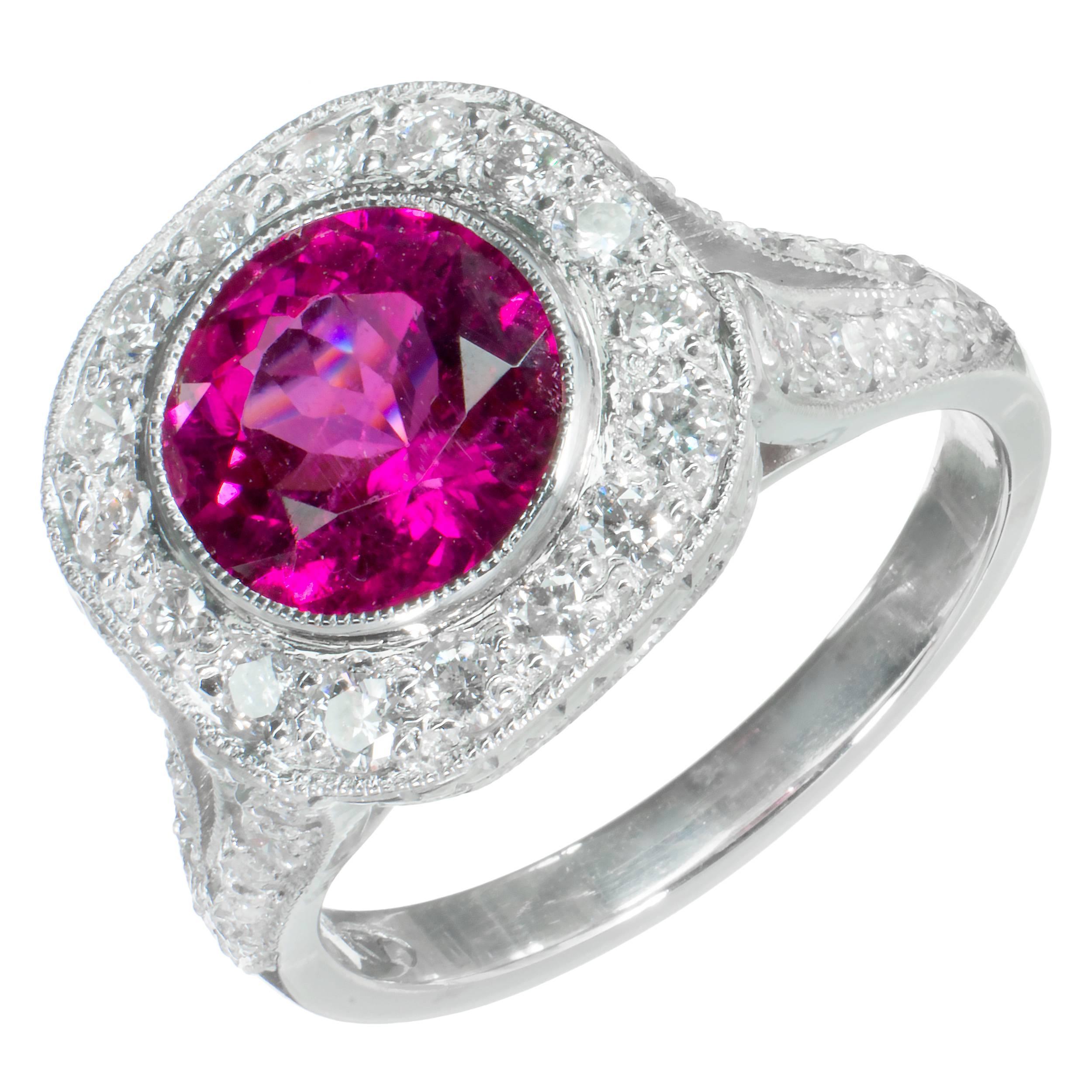 2.20 Carat Pink Red Rubellite Tourmaline Diamond Halo Platinum Engagement Ring In Excellent Condition For Sale In Stamford, CT