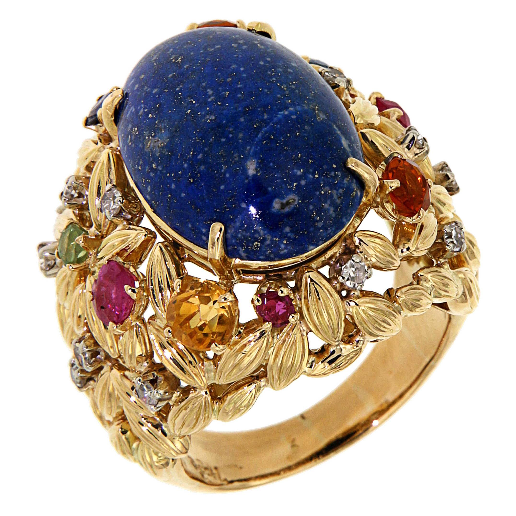 Blue Lapis Yellow Gold Dome Ring 1960s Diamonds Sapphires Rubies