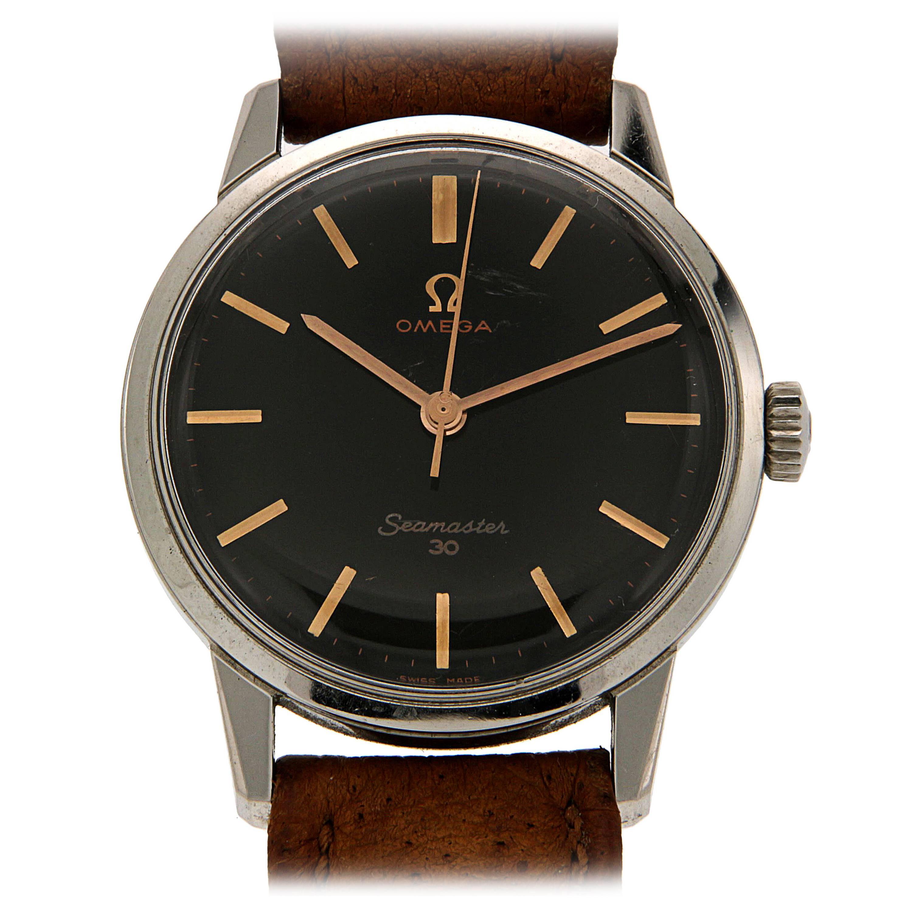 Omega Stainless Steel Black Dial Wristwatch 1950s