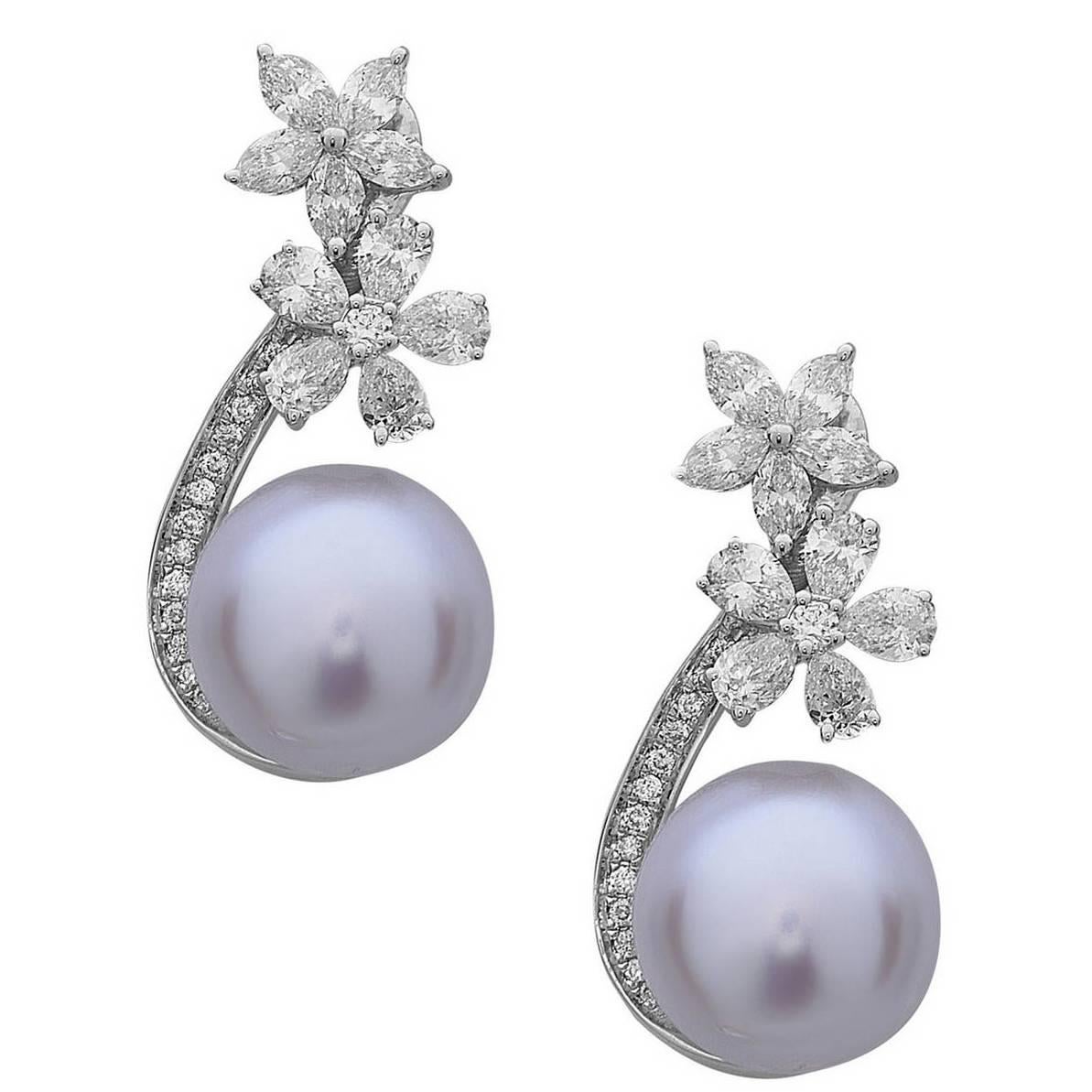 Stunning Floral South Sea Pearl Diamond Gold Dangle Earrings