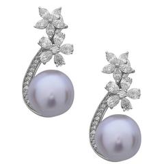 Stunning Floral South Sea Pearl Diamond Gold Dangle Earrings 9