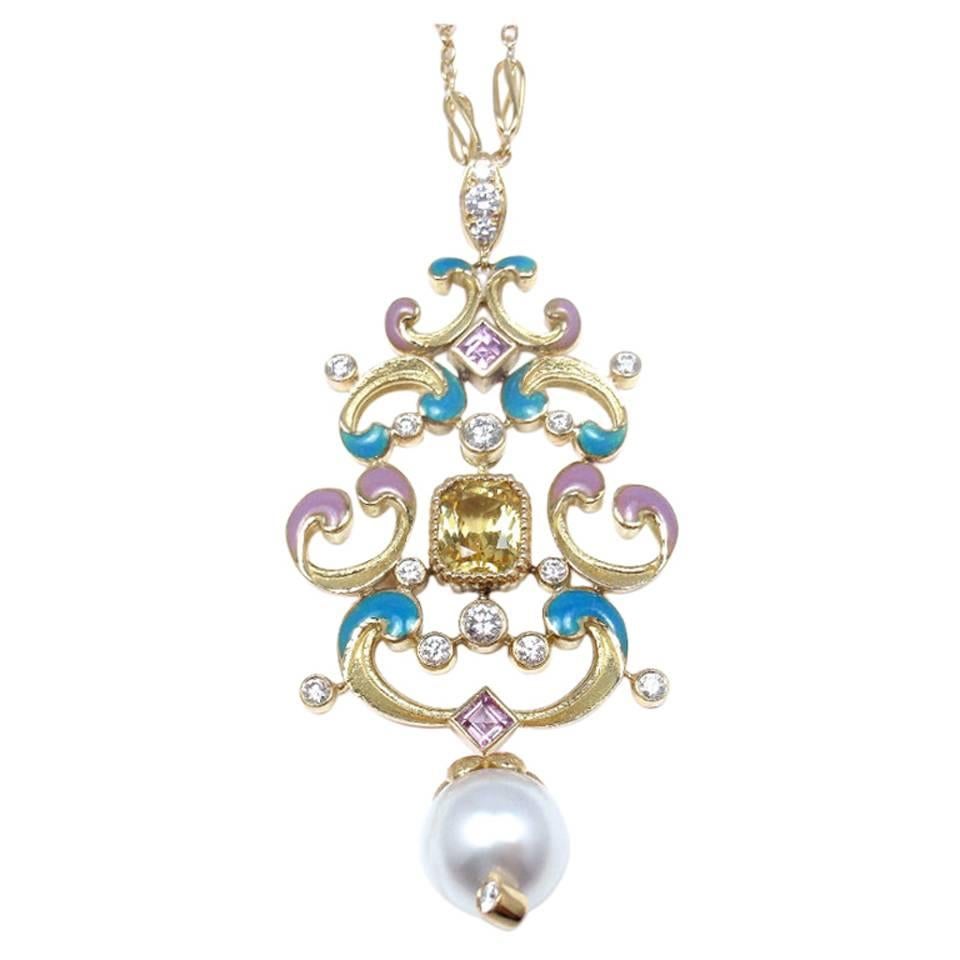 Tiffany & Co. Pearl Enamel Yellow Sapphire Diamond Gold Necklace