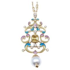 Tiffany & Co. Pearl Enamel Yellow Sapphire Diamond Gold Necklace 9