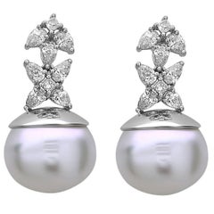 Adorable South Sea Pearl Diamond Gold Drop Earrings
