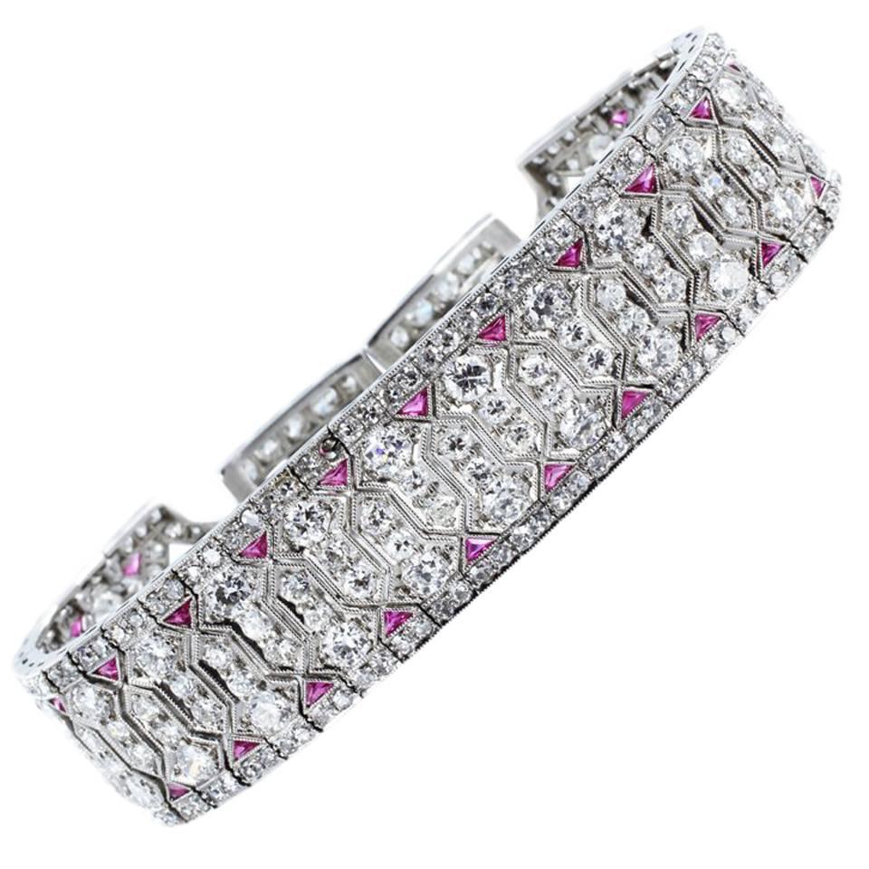 Art Deco Diamond Ruby Platinum Bracelet For Sale