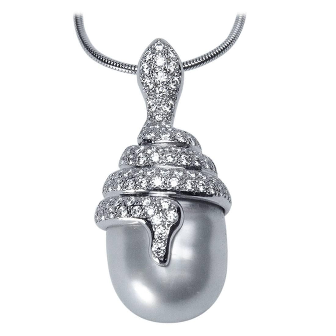 South Sea Pearl Diamond Gold Serpent Snake Pendant Necklace Fine Estate Jewelry For Sale