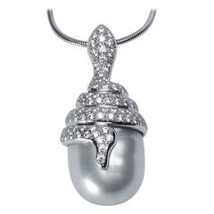 Sensational Large South Sea Pearl Diamond Gold Snake Pendant Necklace 3
