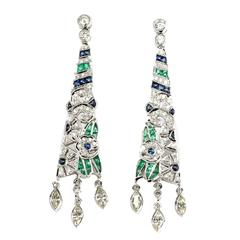 Vintage Sapphire Emerald Diamond Gold Dangle Earrings
