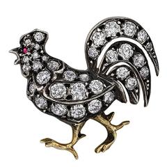 Victorian Diamond Silver Gold Rooster Brooch 5