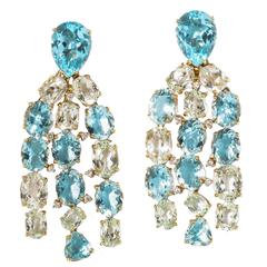 Aquamarine Blue Topaz Gold Multi Row Drop Earrings