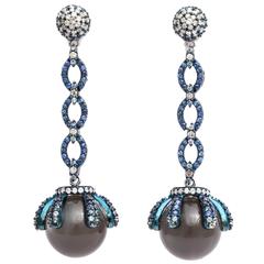 Sapphire Moonstone Diamond Drop Earrings Set in Oxidized Silver