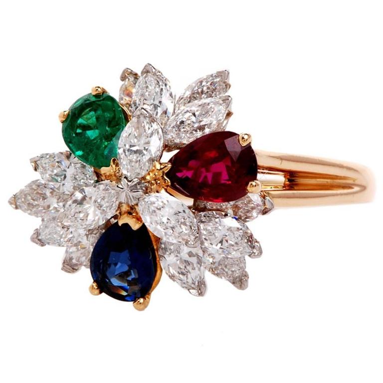 Oscar Heyman Diamond Ruby Emerald Sapphire Gold Cluster Ring at 1stDibs