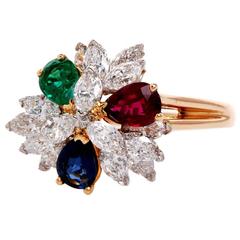 Oscar Heyman Diamond Ruby Emerald Sapphire Gold Cluster Ring