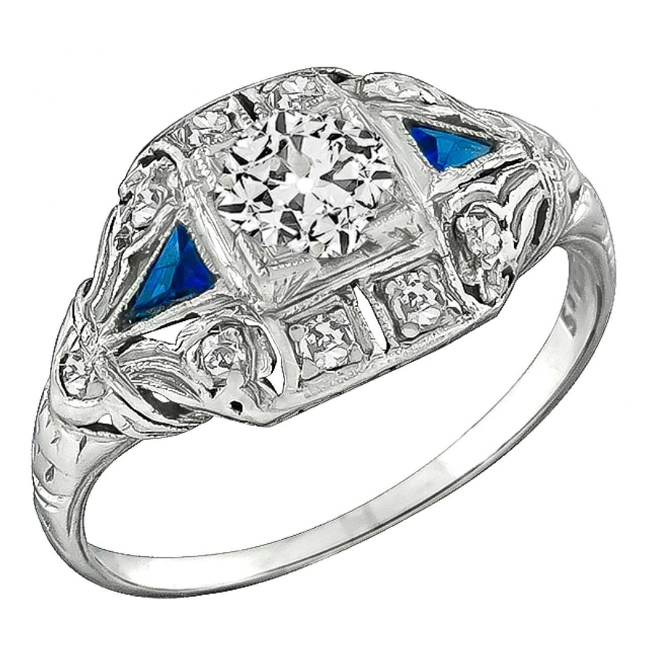 Art Deco Sapphire Diamond Platinum Engagement Ring