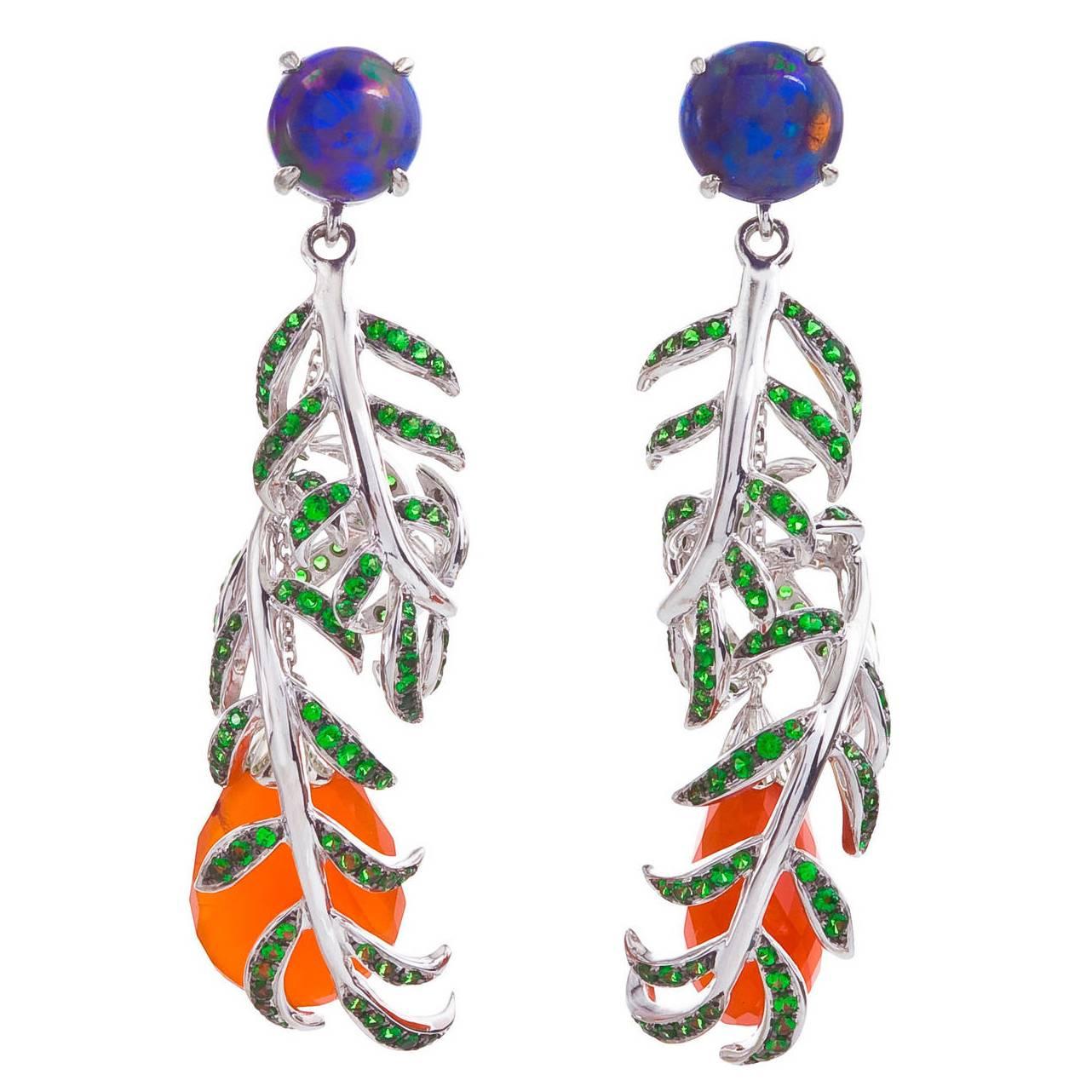 Australian Opal, Orange Carnelian Tsavorite Garnet Earrings For Sale