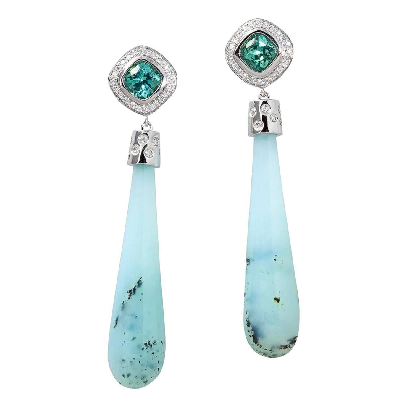 Contemporary Peruvian Opal, Tourmaline and Diamond Earrings For Sale