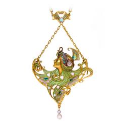 Lucien Gautrait Rare Art Nouveau Enamel Gemset Gold Pendant