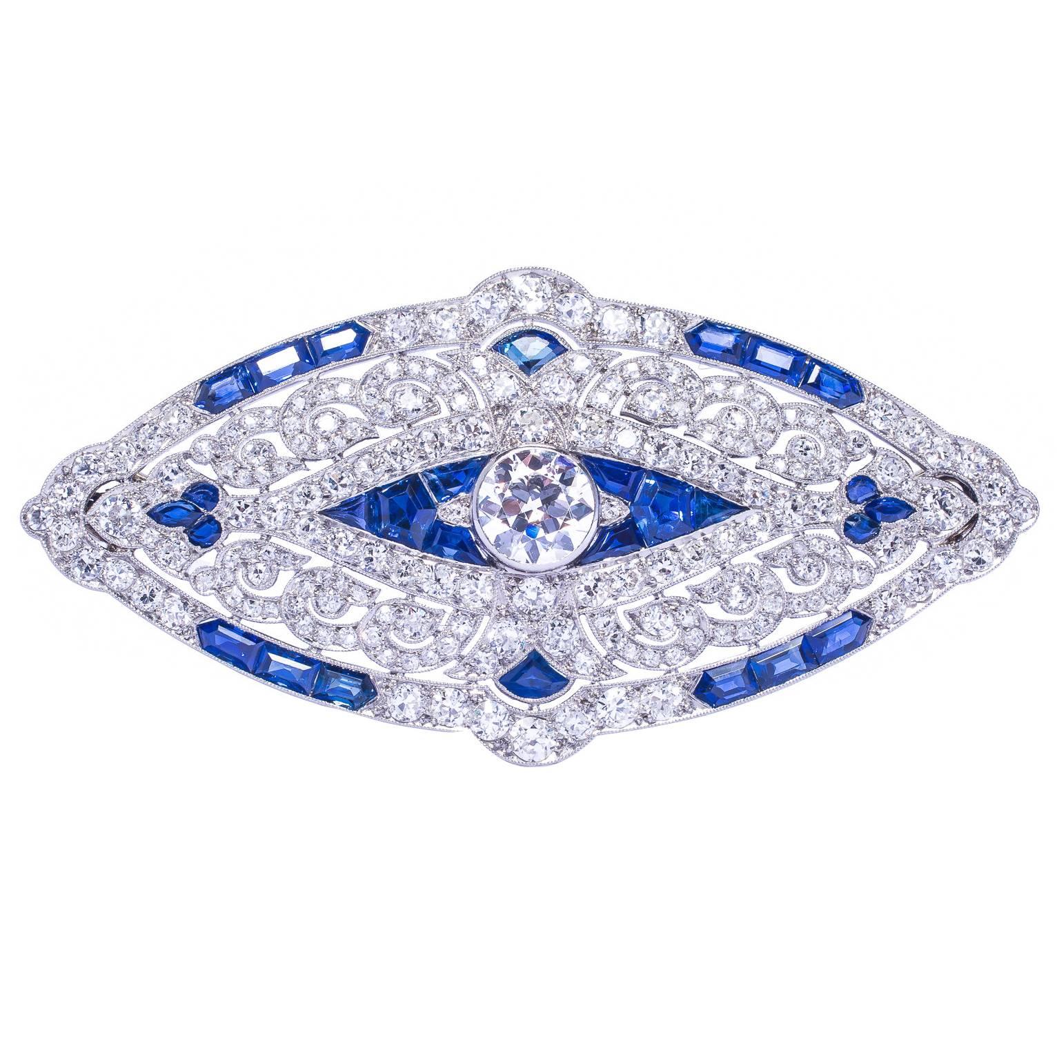 Mauboussin Paris Art Deco sapphire diamond platinum brooch For Sale