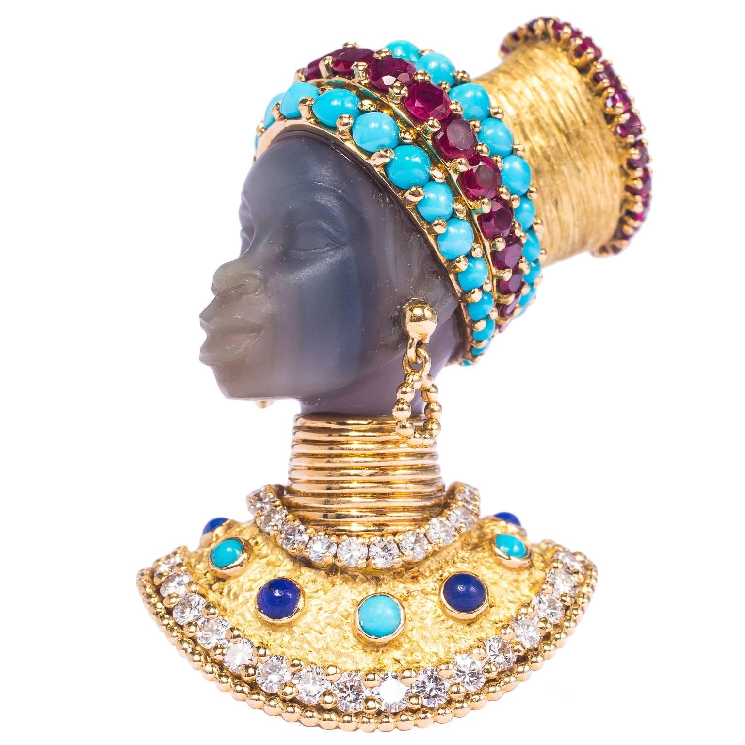 1960s Superb French Gem Set Diamond Gold African Princess Head Brooch For Sale