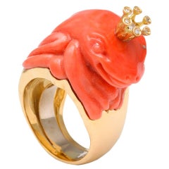 Michael Kanners Coral Diamond Gold Crowned Frog Ring