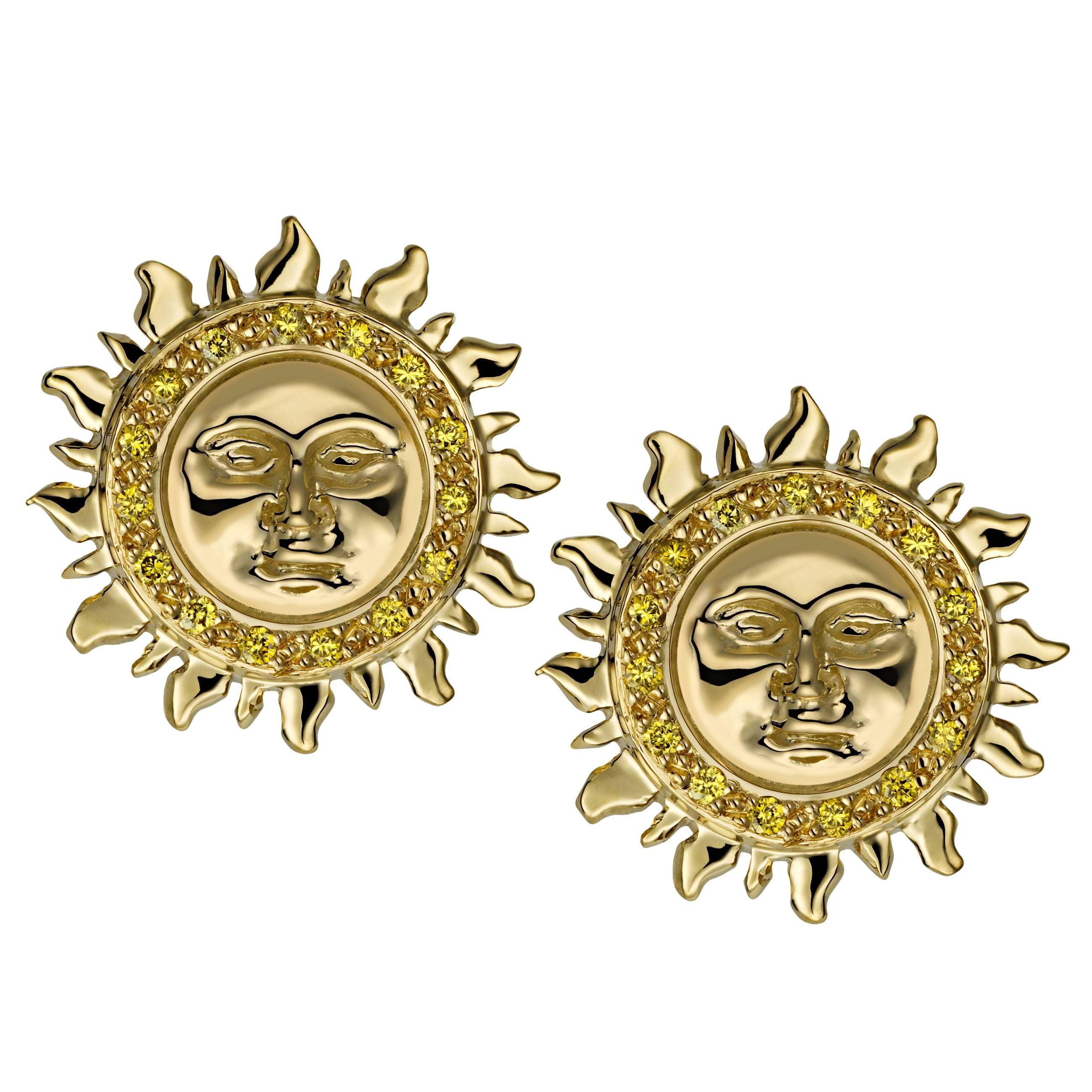 Ana De Costa Yellow Gold Round Yellow Diamond Sun Circular Stud Earrings For Sale