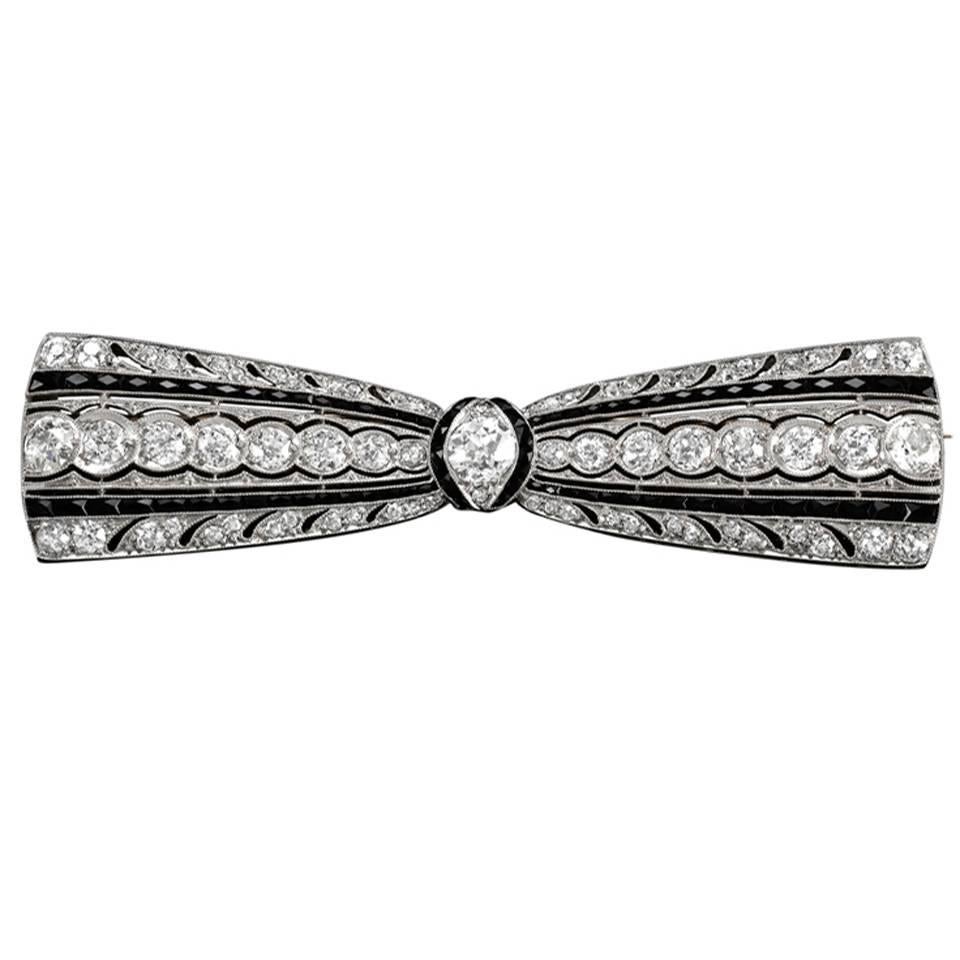 1920s Greenleaf & Crosby Onyx Diamond Platinum Brooch For Sale