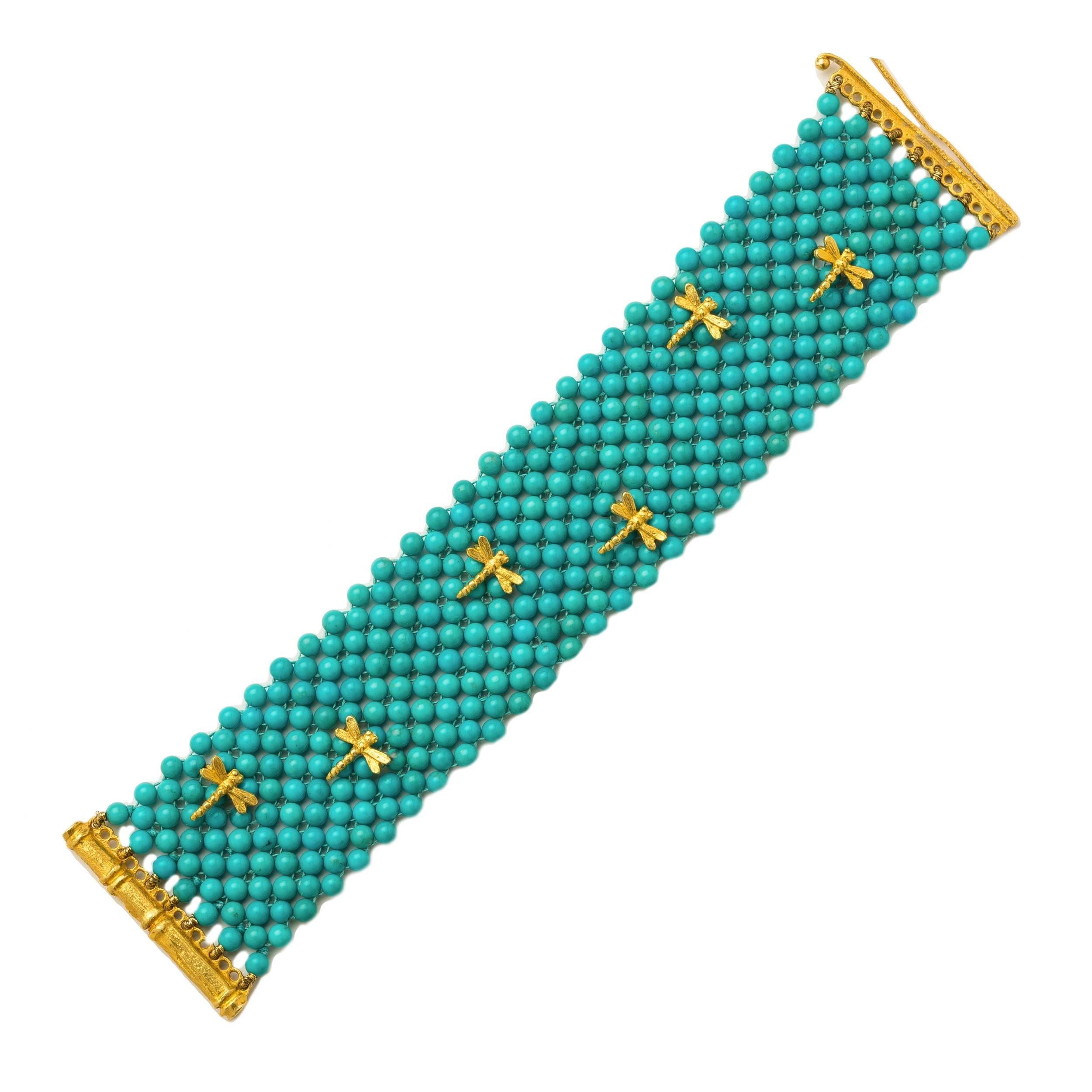 Turquoise Multi-strand Beaded Gold Dragonfly Bracelet