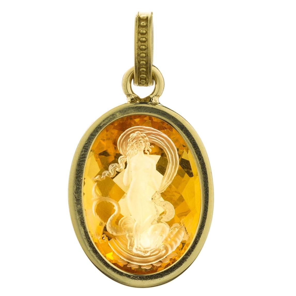  Citrine Intaglio Gold Aphrodite Pendant