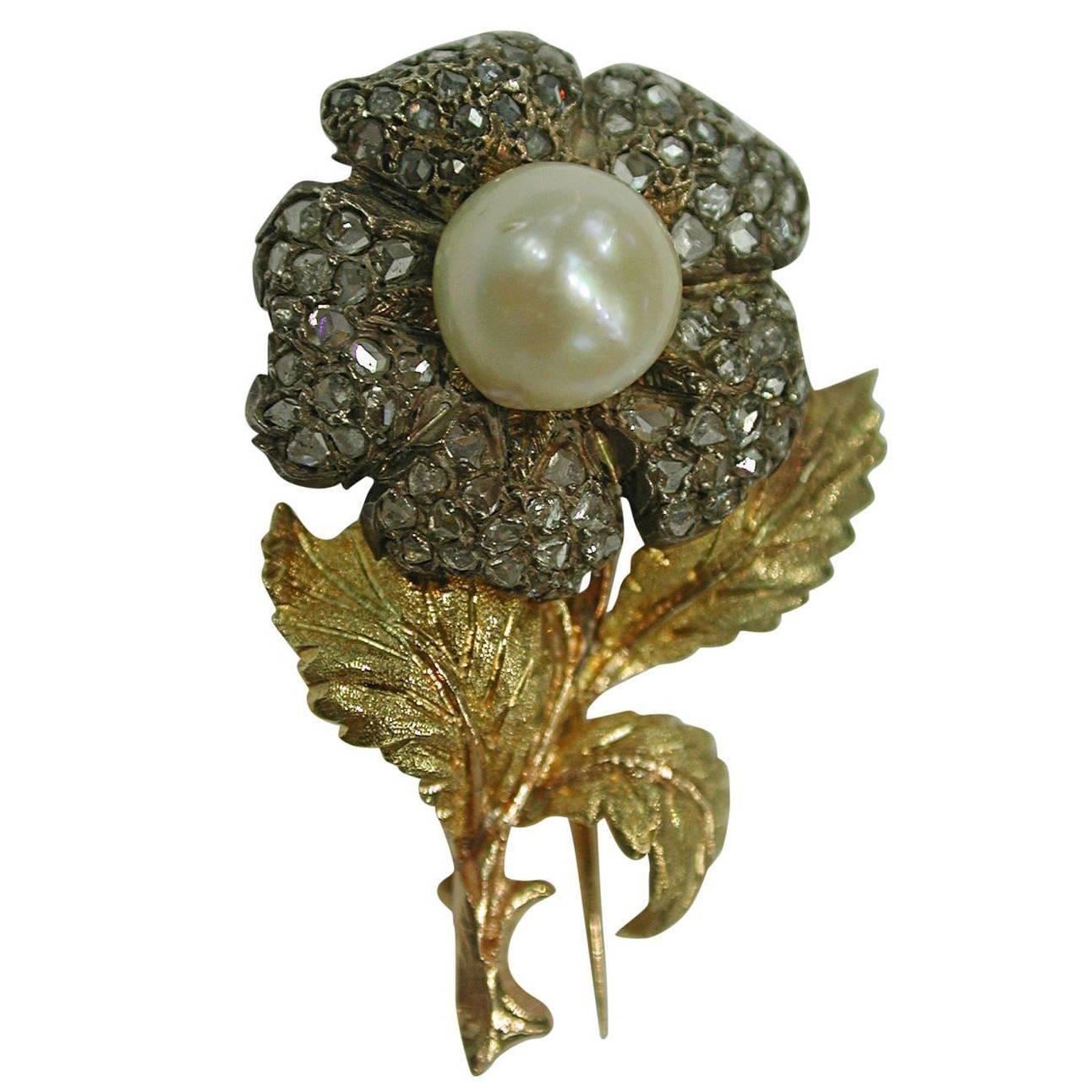 1990s Buccellati Diamond Cultured Pearl Brooch For Sale
