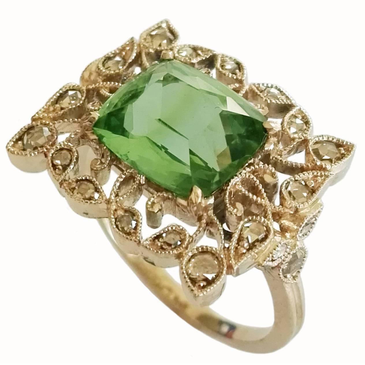 Dalben Green Tourmaline Rose Cut Diamond Gold Fashion Ring