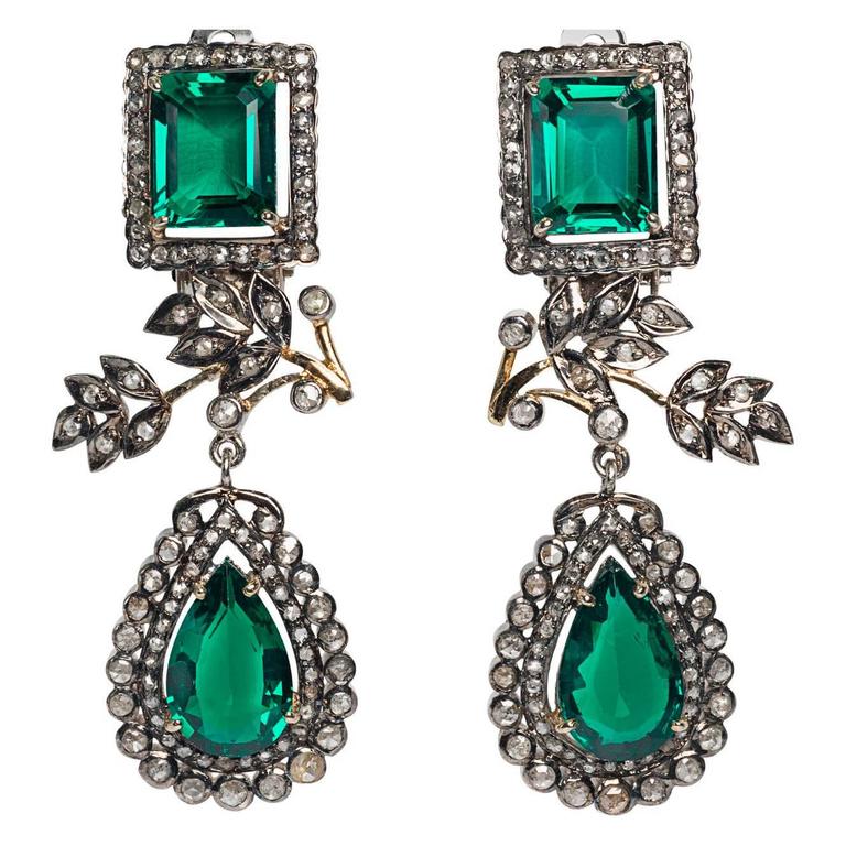 Romantic Diamond Antique Emerald Paste Drop Earrings For Sale at 1stDibs