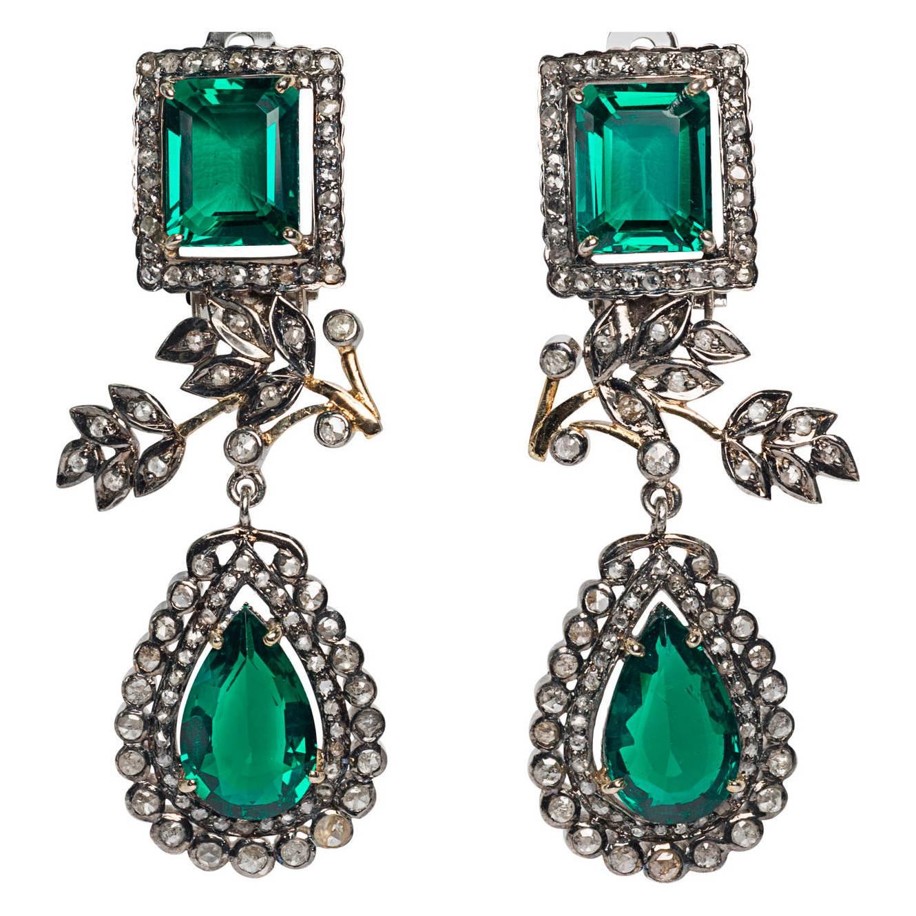 Romantic Diamond Antique Emerald Paste Drop Earrings