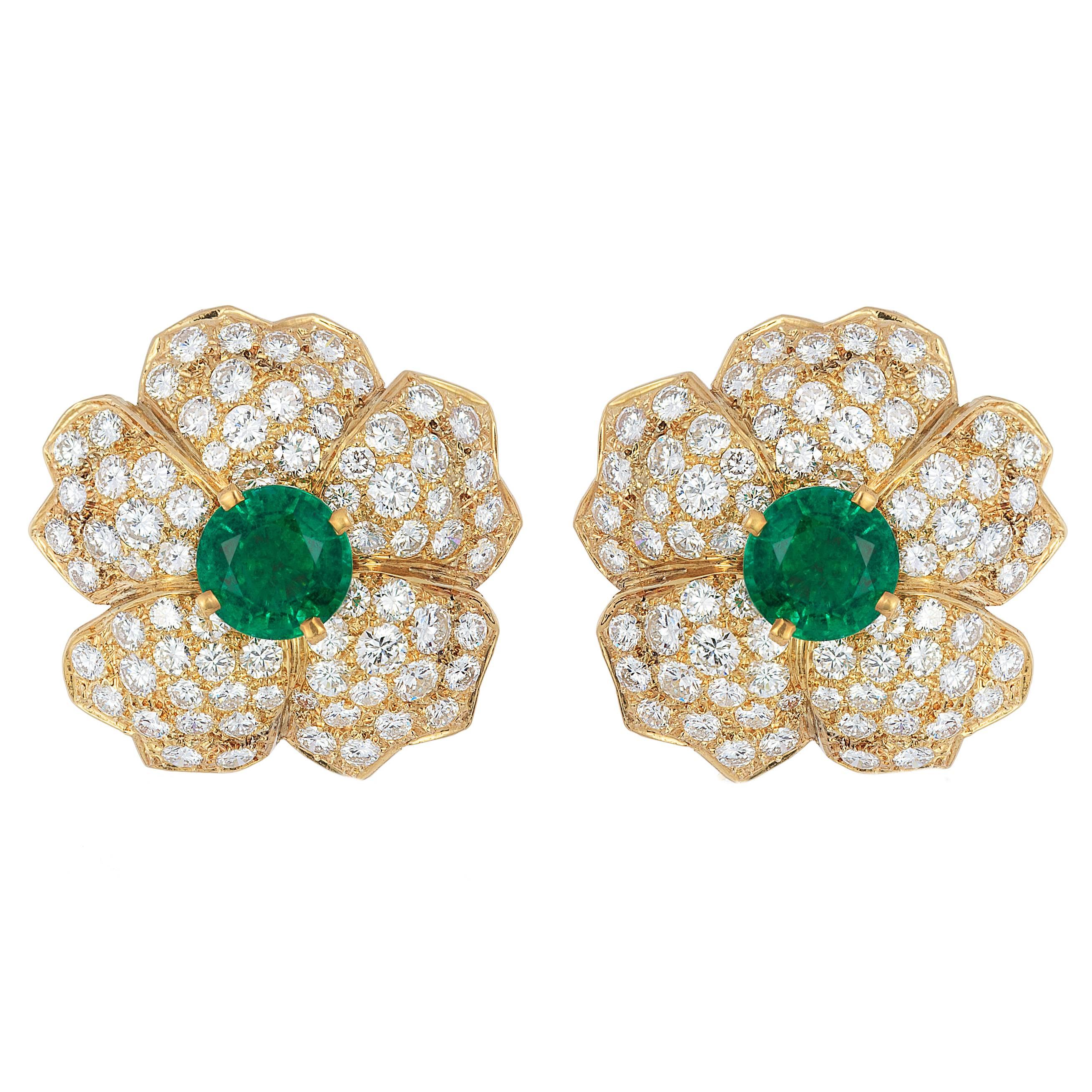 Cartier Emerald Diamond Gold Flower Earclips  For Sale