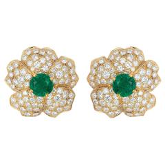 Cartier Emerald Diamond Gold Flower Earclips 