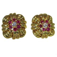 1940s Tiffany & Co. Ruby Diamond Gold Dome Earrings
