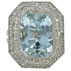Antique Edwardian Aquamarine Diamond Platinum Ring