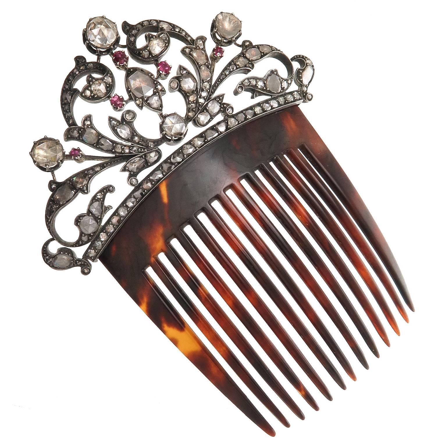 late Victorian Large Diamond Silver Gold Hair Comb