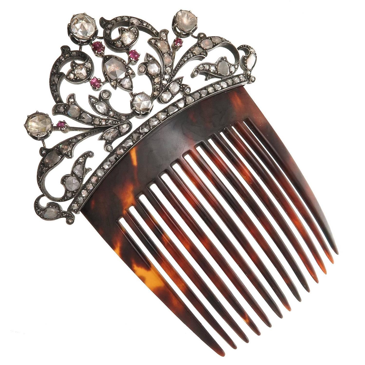 late Victorian  Large Diamond Silver Gold Hair  Comb For 