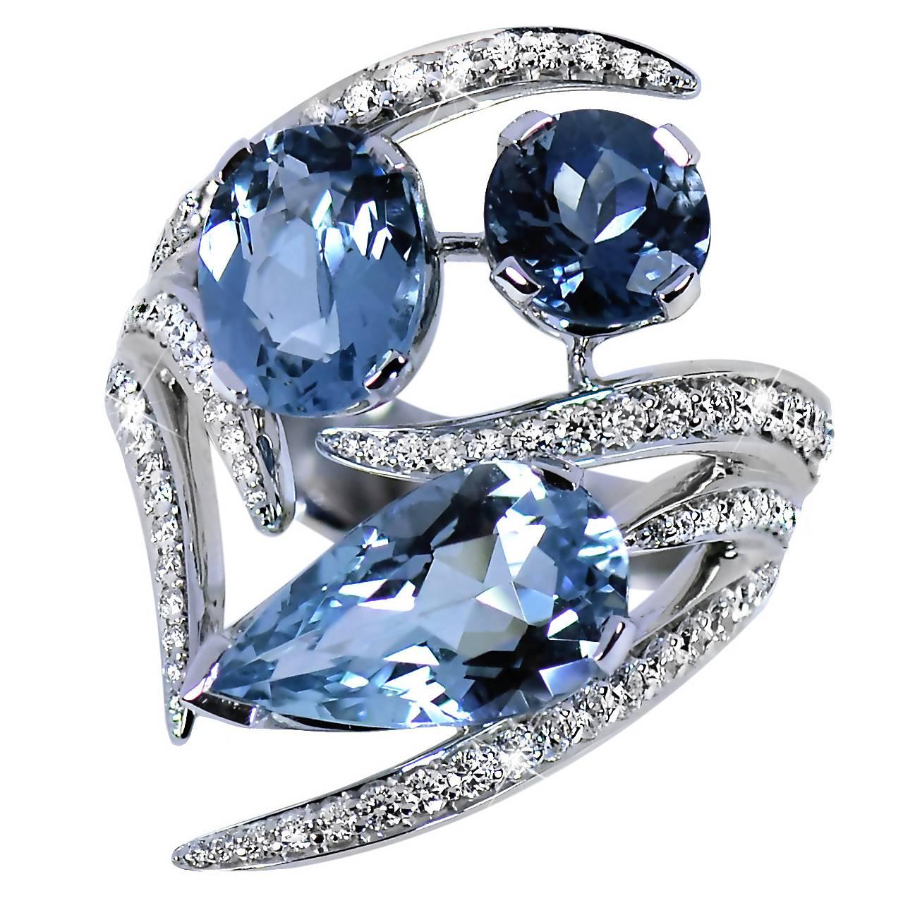 Shaun Leane Pear Oval Blue Aquamarine Diamond White Gold Aurora Cocktail Ring For Sale