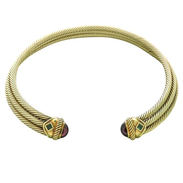 David Yurman Green Tourmaline Garnet Gold Cable Collar Necklace at 1stDibs