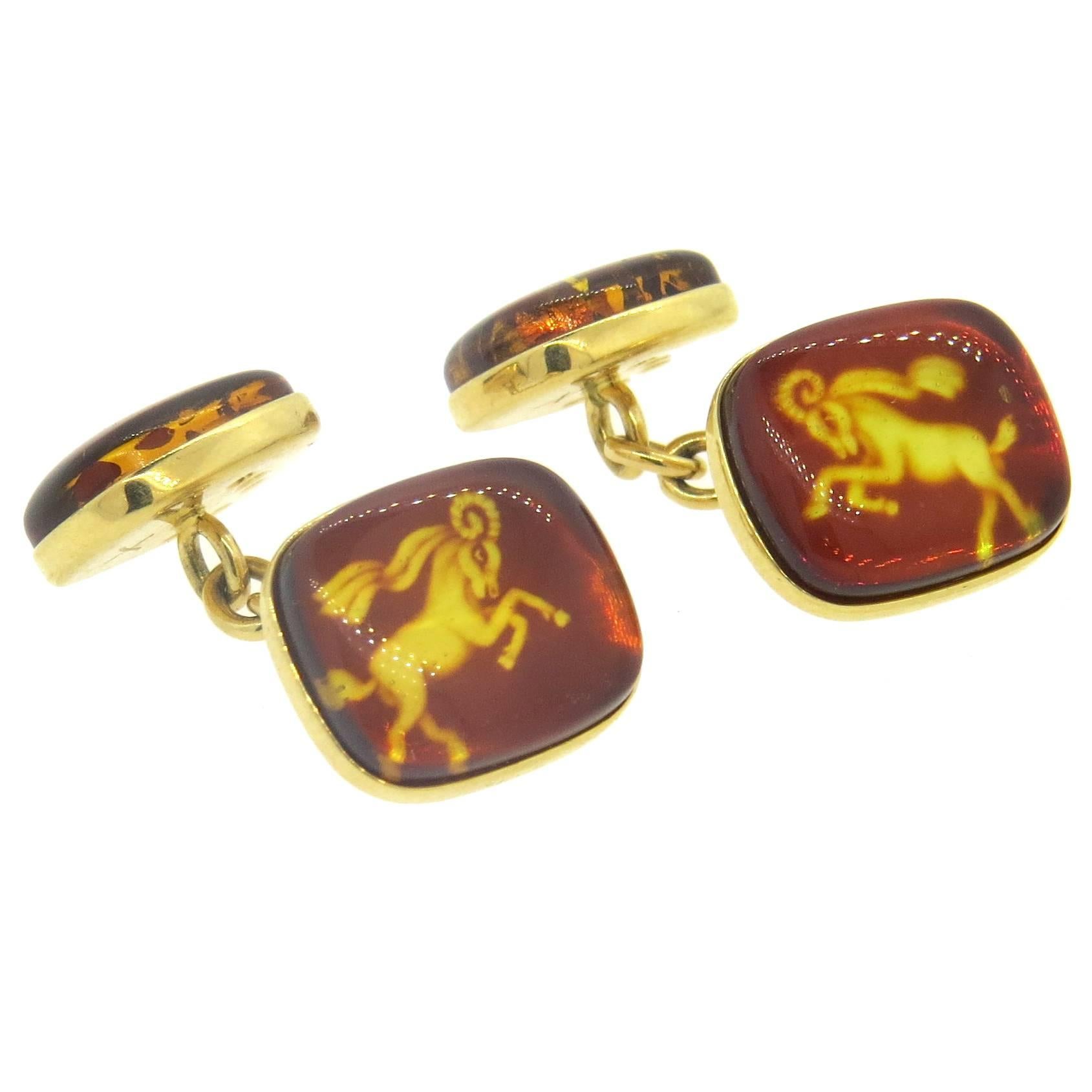 Trianon Amber Gold Capricorn Zodiac Sign Cufflinks For Sale