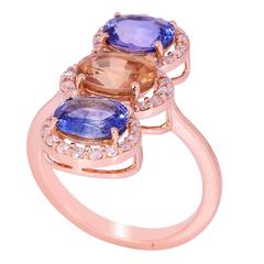 Beautiful Trio of Sapphires diamond Gold Cluster Ring 9